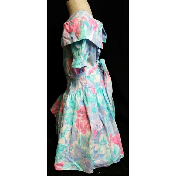 VTG 1990s Misty Rose Dress Girls Sz 10 Blue Pink Watercolor Floral Short Sleeve - Picture 2 of 6